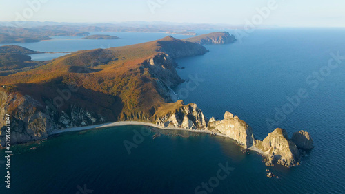 Canvastavla Aerial photo of Russian Far East by the Pacific ocean and Sea of Japan in Primorsky krai (region) with the scenic forest sea shore