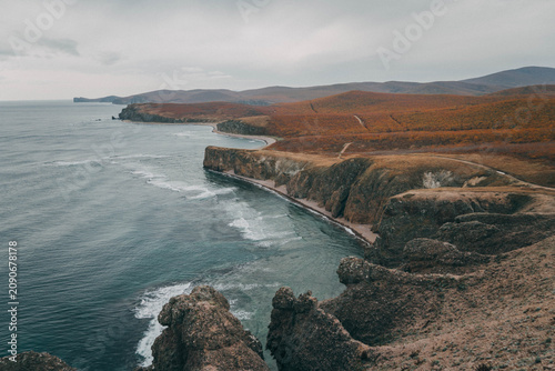 Konstfotografi Aerial photo of Russian Far East by the Pacific ocean and Sea of Japan in Primorsky krai (region) with the scenic forest sea shore