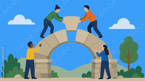 Diverse colleagues collaborate to place the final keystone atop a stone arch outdoors, illustrating teamwork, trust, shared foundations, project completion, leadership support and collective success