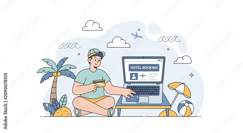 Fototapeta premium Man booking hotel online for vacation on laptop with credit card, travel concept