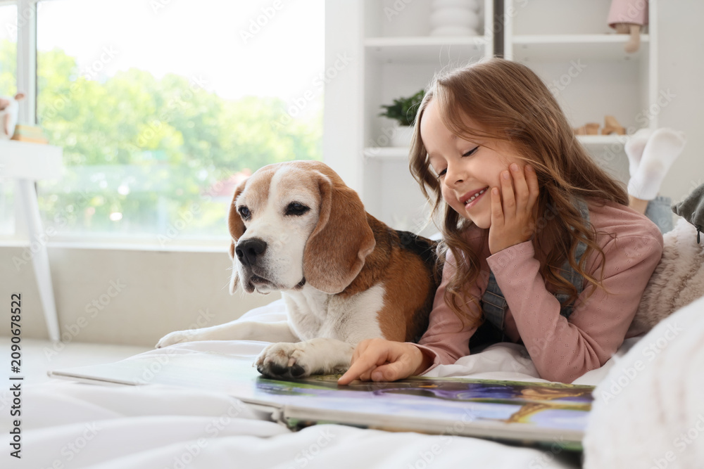Obraz premium Cute little girl with Beagle dog reading book on bed in bedroom