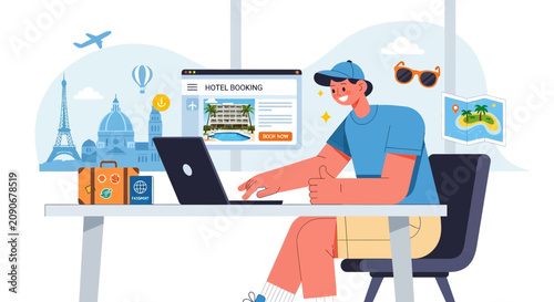 Man booking hotel online for vacation, travel planning concept illustration