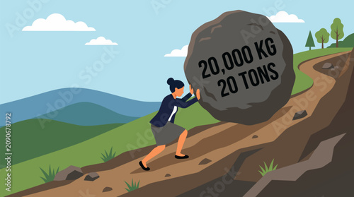 Determined businesswoman pushing a massive 20 ton boulder uphill on rugged mountain path, powerful vector metaphor for workload, pressure, resilience, ambition, burnout and corporate challenge