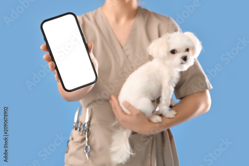 Female groomer holding cute...
