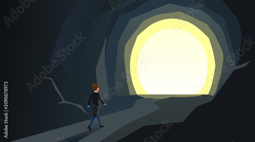 Determined businesswoman walking through a dark rocky tunnel toward a radiant exit, symbolic vector illustration of hope, career breakthrough, resilience, opportunity and success after adversity