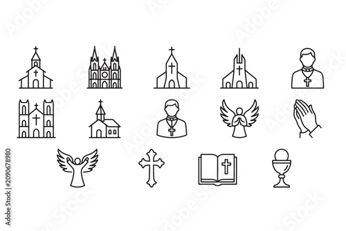 Collection of religious symbols and buildings in modern line art style