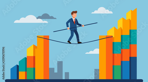 Confident consultant balancing on a tightrope between rising profit columns, strategic business risk vector illustration about growth, leadership, investment pressure and market performance