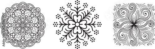 Three intricate black line art decorative ornaments isolated on transparent background