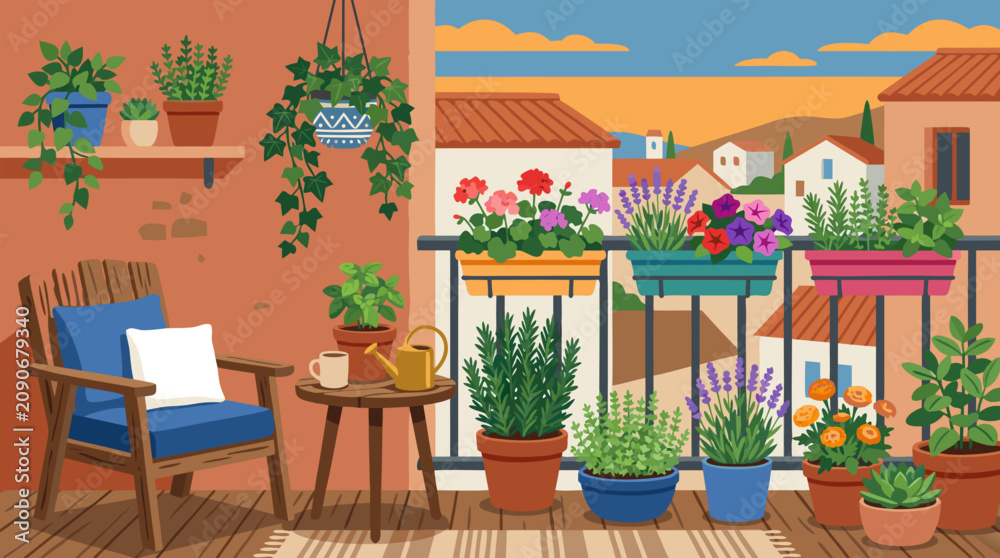 Obraz premium Cozy Mediterranean balcony garden vector illustration with potted herbs, blooming flowers, hanging ivy, wooden chair, tea table and sunny terracotta village view for relaxed urban outdoor living