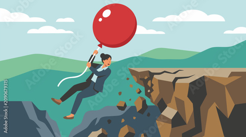 Businesswoman gripping enormous red balloon rising away from crumbling cliff edge, risk management, resilience and career escape concept vector illustration for crisis success strategy