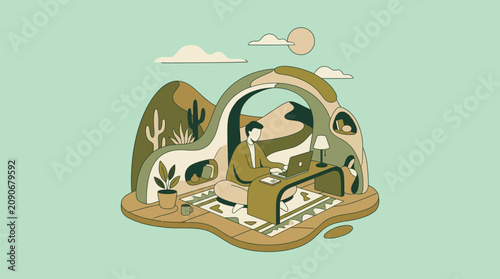 Photos Person using laptop inside a modern cave dwelling.