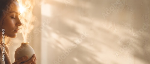 Beautiful young serene woman inhaling steam from aroma oil diffuser at home, wellness and relaxation concept with copy space