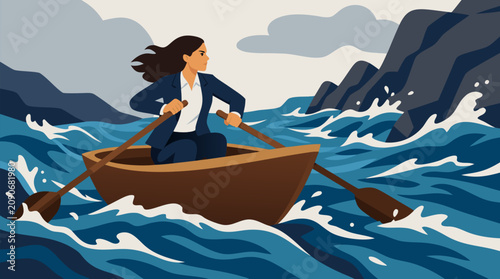 Determined businesswoman rowing a wooden boat through powerful waves against opposing currents, bold vector metaphor for resilience, leadership, strategy, courage, and overcoming challenges