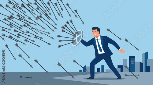 Determined businessman holding a tiny glowing shield against a barrage of falling sharp arrows, dramatic vector illustration of risk management, crisis defense, resilience, and corporate protection