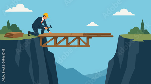 Determined business engineer in suit and hard hat building a wooden bridge across a vast chasm, symbolizing risk management, leadership, problem solving and strategic planning vector illustration