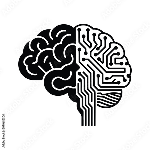 Human brain silhouette with digital circuit board on right half.