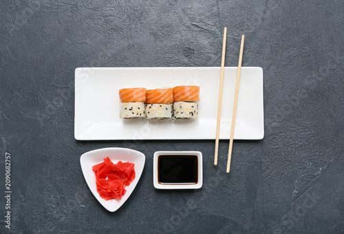 Tasty sushi rolls with soy ...
