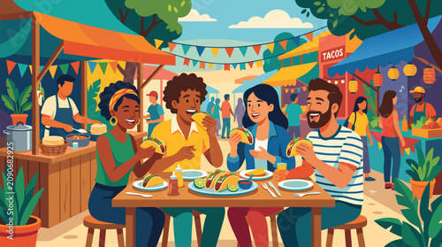 Diverse friends laughing over tacos at a lively open-air food market, colorful street stall festival scene with lanterns, bunting, fresh salsa and joyful communal dining for summer menu promotions