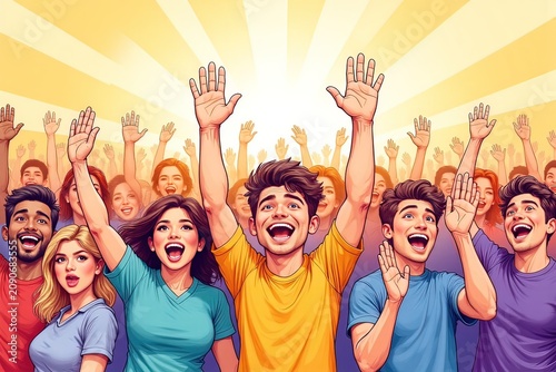 persone felici sollevano le mani  02