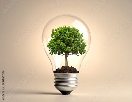 A vibrant green tree, thriving inside a clear glass lightbulb, symbolizes nature and sustainable energy on a warm background
