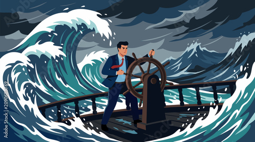 Determined businessman gripping a ship wheel amid towering storm waves, dramatic vector metaphor for leadership under pressure, crisis navigation, resilience, risk management, strategy and success