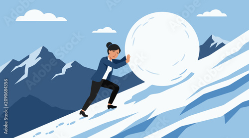 Exhausted businesswoman pushing a huge snowball uphill on a steep icy mountain, symbolizing burnout, workload pressure, impossible goals and resilience in a clean flat vector scene