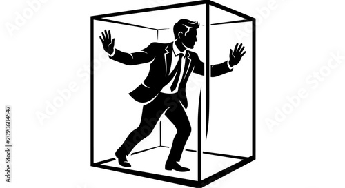 Bild auf Leinwand Businessman trapped in a glass box, pushing against walls, concept of confinemen