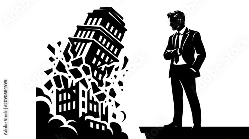 Photography Businessman watches building collapse, symbolizing failure, crisis, or change