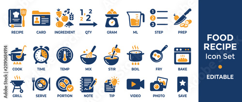Food Recipe Icon Set: Cooking, Ingredients, Preparation, and Serving Icons