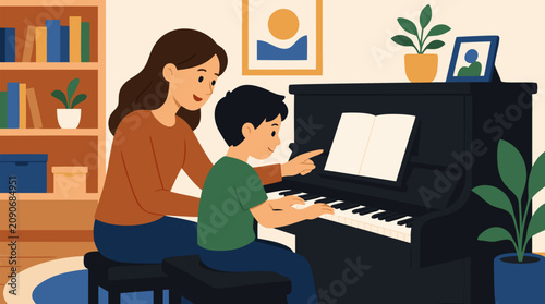 Patient music teacher guiding young boy playing piano at home, nurturing musical talent development, private lesson education, motherly encouragement in warm flat vector illustration