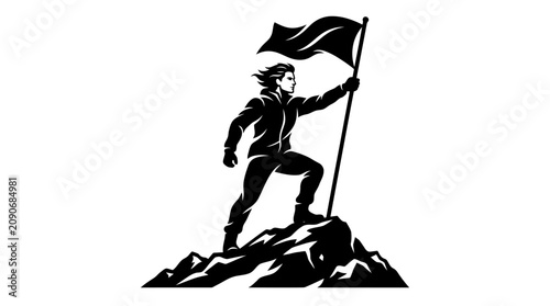 Принти на полотні Woman on Mountain Peak Holding Flag, Symbolizing Success, Victory, and Achieveme