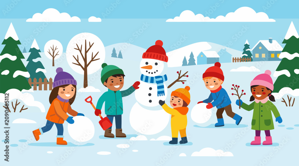 Fototapeta premium Joyful diverse children building snowman together in snowy backyard, rolling snowballs and decorating with scarf and hat, bright cheerful winter holiday scene in colorful flat vector illustration for