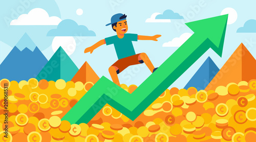Joyful young man in casual clothes surfing a giant green ascending financial arrow above a vast ocean of golden coins with mountains and blue sky in vibrant success concept vector illustration