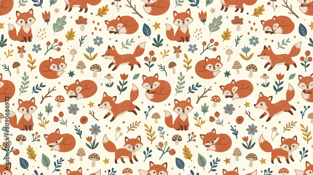 Naklejka premium Cute Fox Pattern - Whimsical Woodland Animal Illustration Seamless Repeat