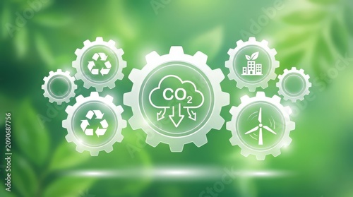 Carbon neutral industrial gears with eco recycling icons for sustainable green business environmental concept