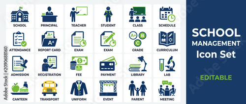School Management Icon Set: Education, Administration, and Learning Symbols