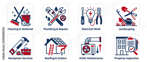 Home Maintenance Services Icons: Cleaning, Plumbing, Electrical, Landscaping, Handyman, Roofing, HVAC, Inspection