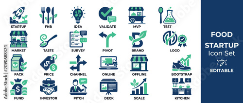 Food Startup Icon Set: Business, Marketing, and Operations Symbols