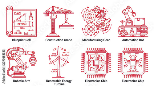 Industry and Technology Icons: Engineering, Robotics, Renewable Energy, Automation