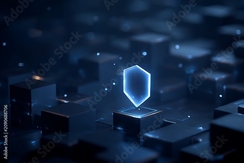 futuristic cybersecurity concept with glowing digital shield and abstract server blocks on dark background