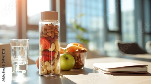 healthy workplace wellness concept with fresh fruit, mixed nuts, and reusable water bottle on modern office desk