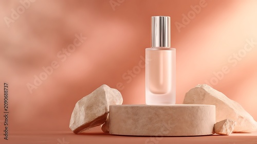 luxury skincare serum bottle on floating stone pedestal with peach gradient background