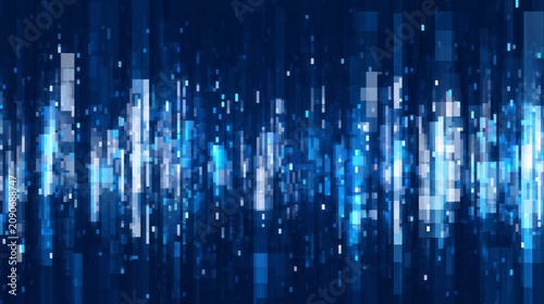 Abstract blue digital cityscape with bright light streaks.