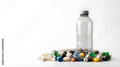 eco campaign concept with transparent reusable bottle and neatly arranged plastic waste on white background