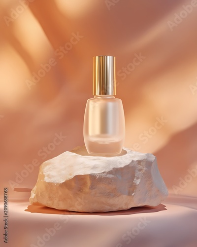luxury skincare serum bottle on floating stone pedestal with peach gradient background