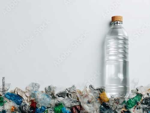 eco campaign concept with transparent reusable bottle and neatly arranged plastic waste on white background
