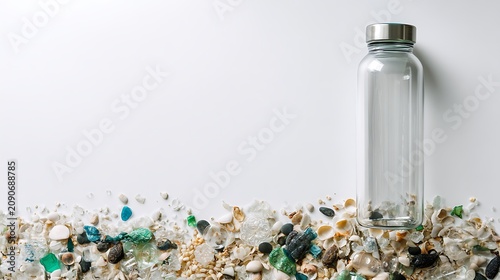 eco campaign concept with transparent reusable bottle and neatly arranged plastic waste on white background