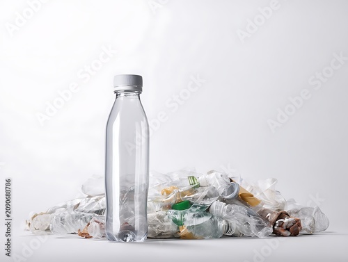 eco campaign concept with transparent reusable bottle and neatly arranged plastic waste on white background