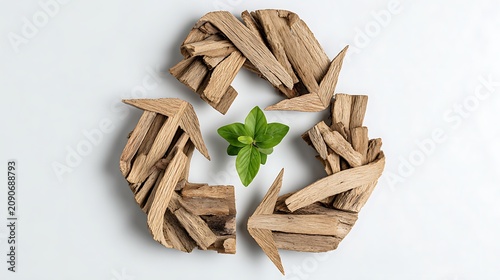 circular economy concept with wooden recycling arrows surrounding young green plant on white background