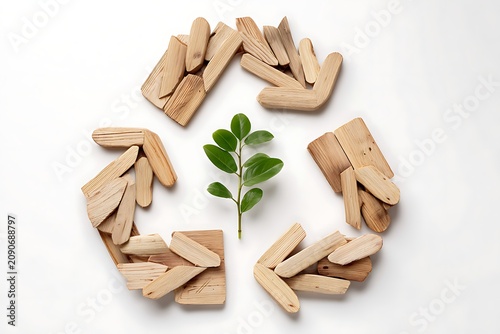 circular economy concept with wooden recycling arrows surrounding young green plant on white background